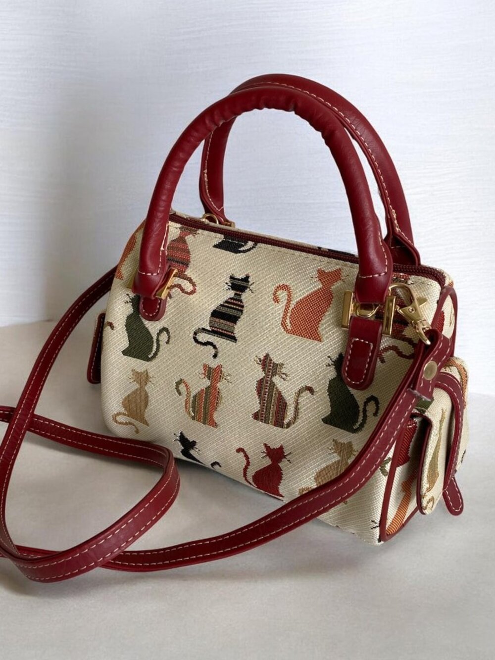 Signature Tapestry Cat Print Satchel Bag Vegan Leather Red Trim Crossbody